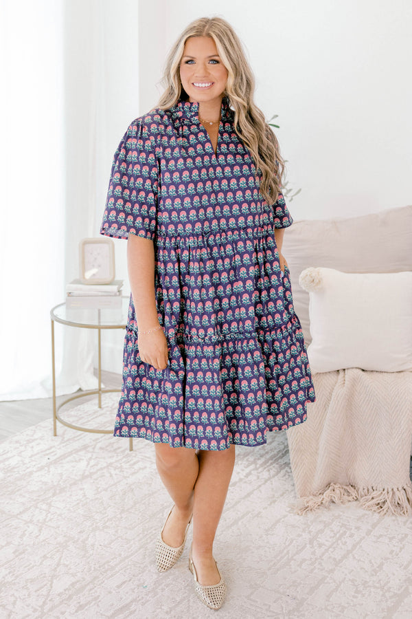 Chic Soul plus size clothing, navy and pink floral block pattered short sleeve knee length tiered baby doll dress with v neckline cutout 
