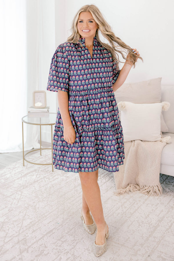 Chic Soul plus size clothing, navy and pink floral block pattered short sleeve knee length tiered baby doll dress with v neckline cutout 