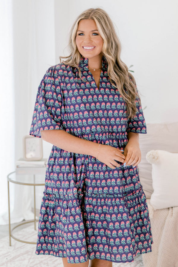 Chic Soul plus size clothing, navy and pink floral block pattered short sleeve knee length tiered baby doll dress with v neckline cutout 