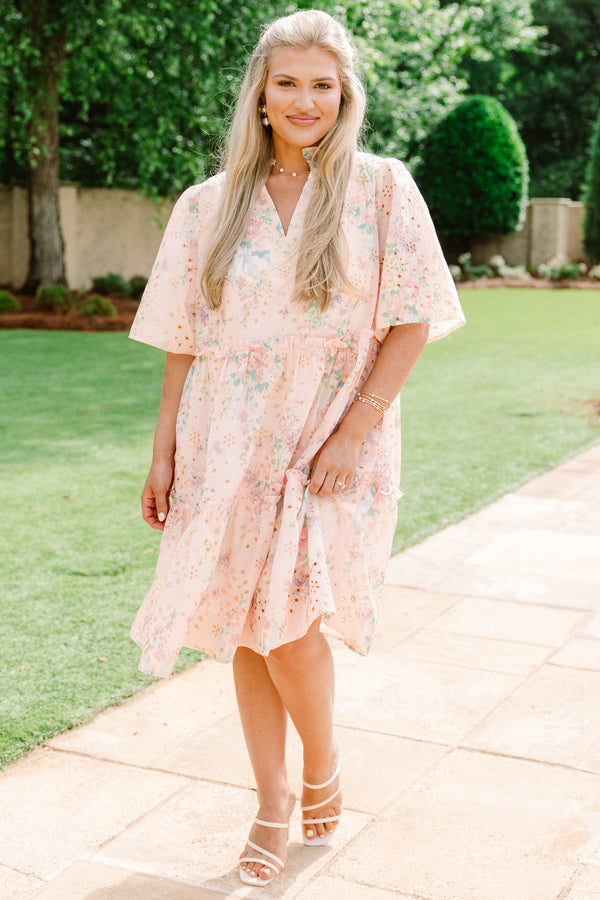 Chic Soul plus size clothing, light pink short sleeve babydoll dress with floral eyelet design