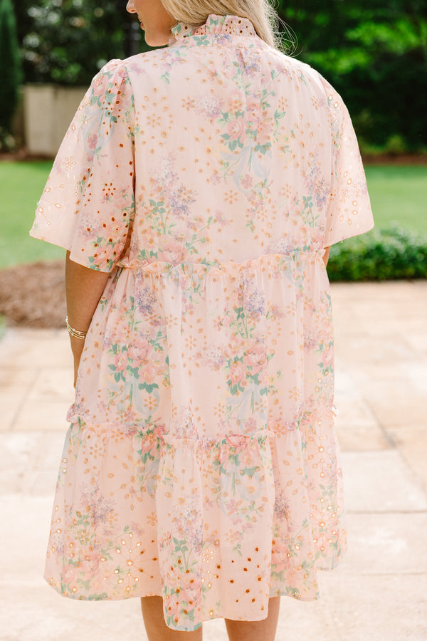 Chic Soul plus size clothing, light pink short sleeve babydoll dress with floral eyelet design