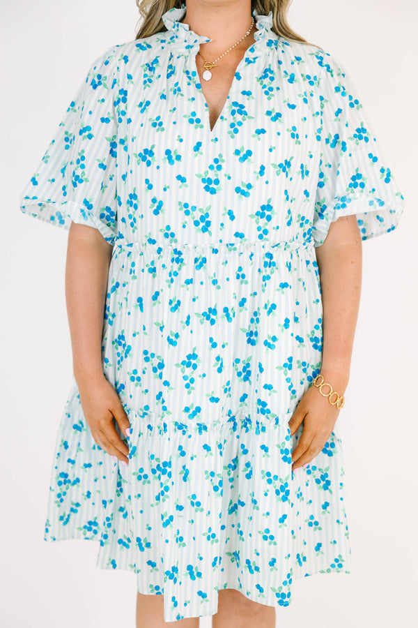 Plus Size blue and white striped tiered dress with a blue floral print and short flutter sleeves.