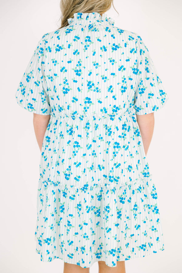 Plus Size blue and white striped tiered dress with a blue floral print and short flutter sleeves.