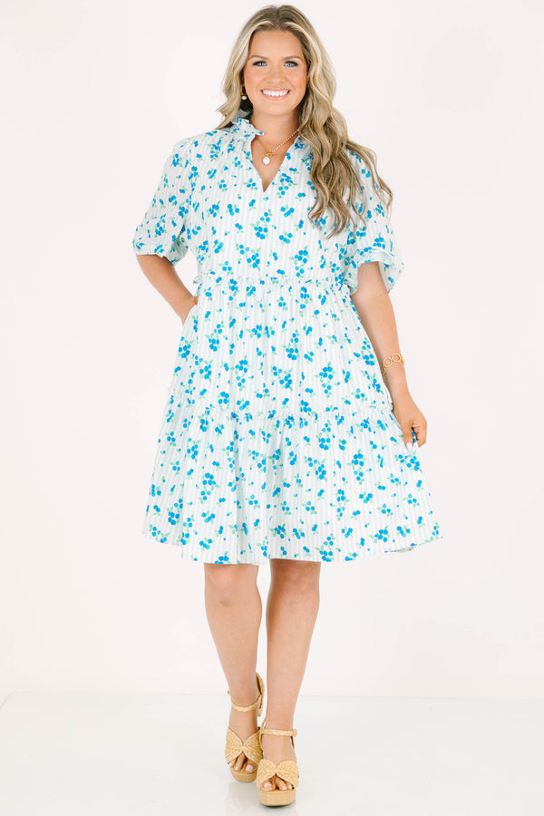 Plus Size blue and white striped tiered dress with a blue floral print and short flutter sleeves.
