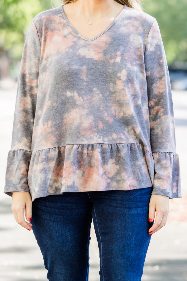 Chic Soul plus size clothing, navy acid wash long sleeve top with v neckline and ruffle detail along bottom of top and on sleeves
