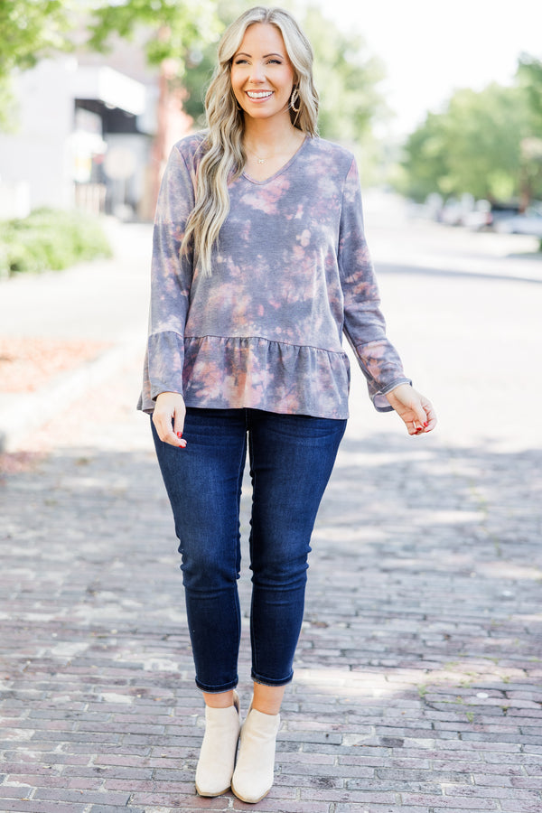 Chic Soul plus size clothing, navy acid wash long sleeve top with v neckline and ruffle detail along bottom of top and on sleeves
