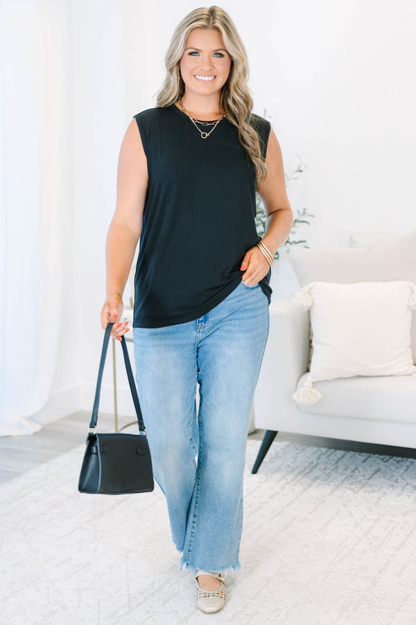 Plus Size black crew neck tank top with a clean silhouette and sleeveless design.