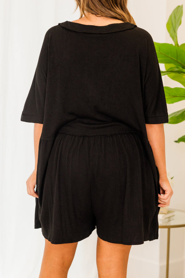 Chic Soul plus size clothing, short sleeve flowy black romper with light brown button details and v-neckline