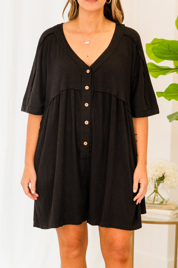 Chic Soul plus size clothing, short sleeve flowy black romper with light brown button details and v-neckline