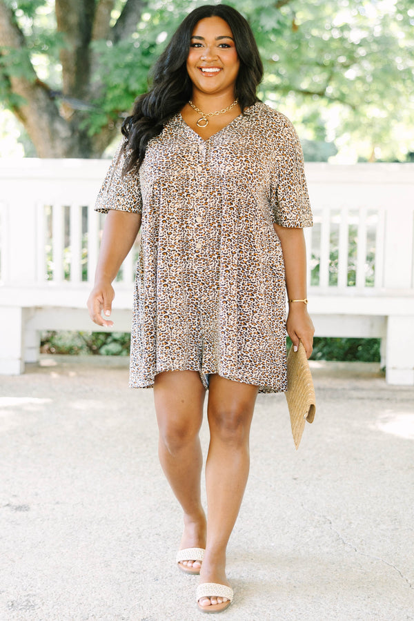 Plus Size brown leopard print romper with short sleeves, a V-neckline, and front button details.