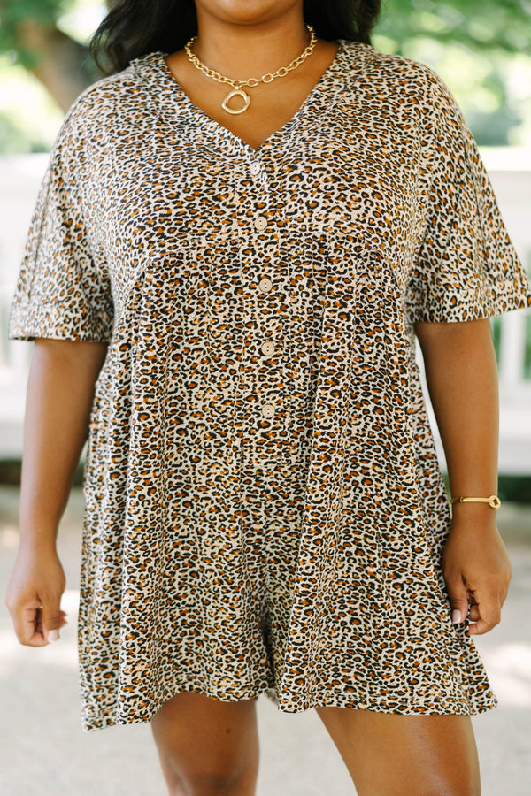 Plus Size brown leopard print romper with short sleeves, a V-neckline, and front button details.