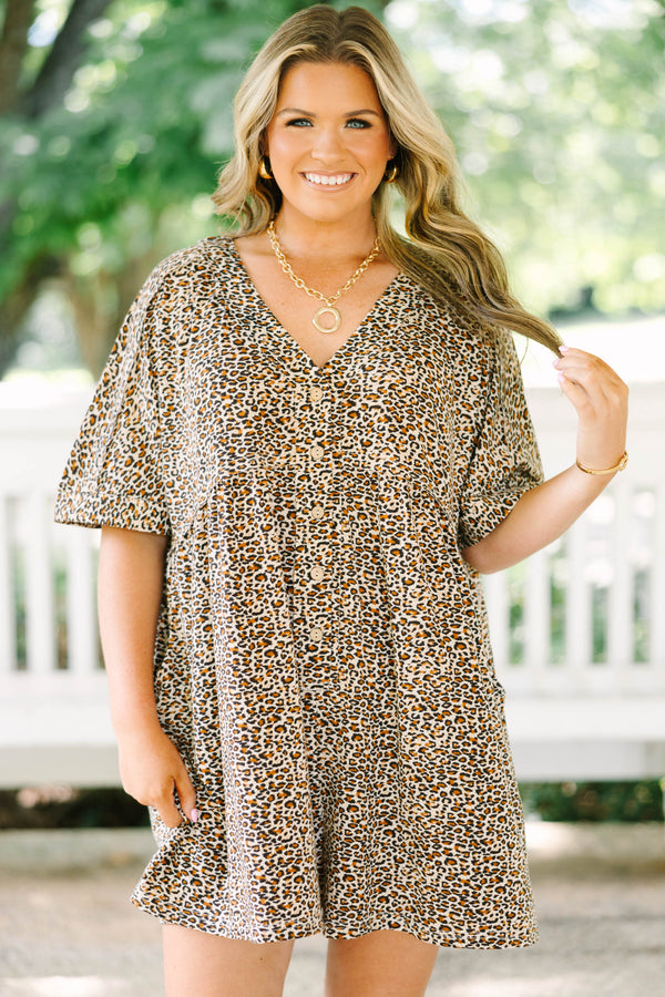 Plus Size brown leopard print romper with short sleeves, a V-neckline, and front button details.