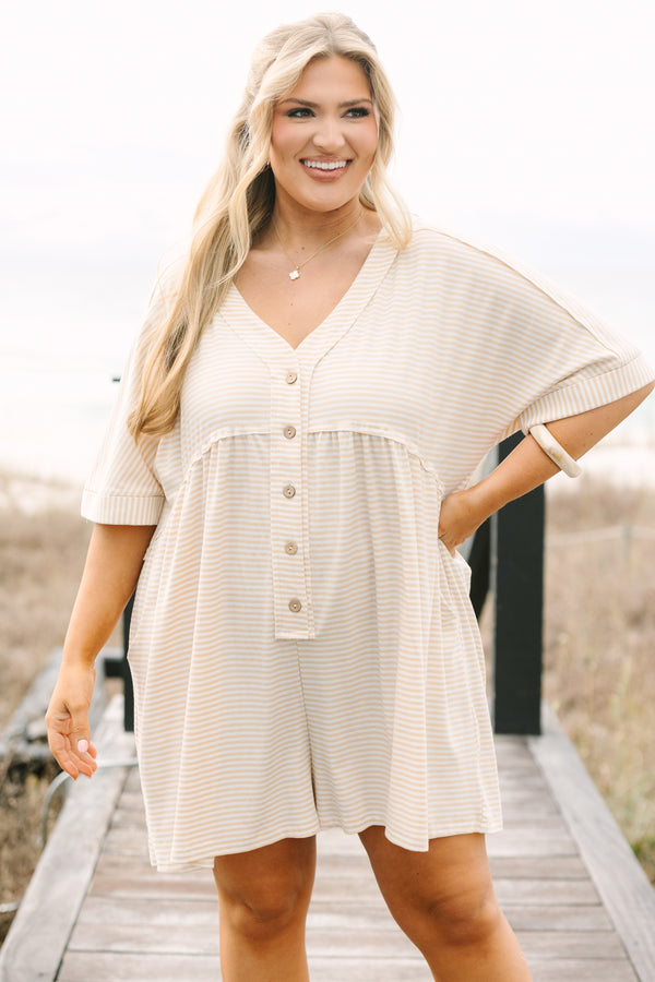 Chic Soul plus size clothing,  brown striped romper with short sleeves that have cuffs at the end of them as well as a v-neckline and buttons going down the center of the chest to the bottom of the belly 
