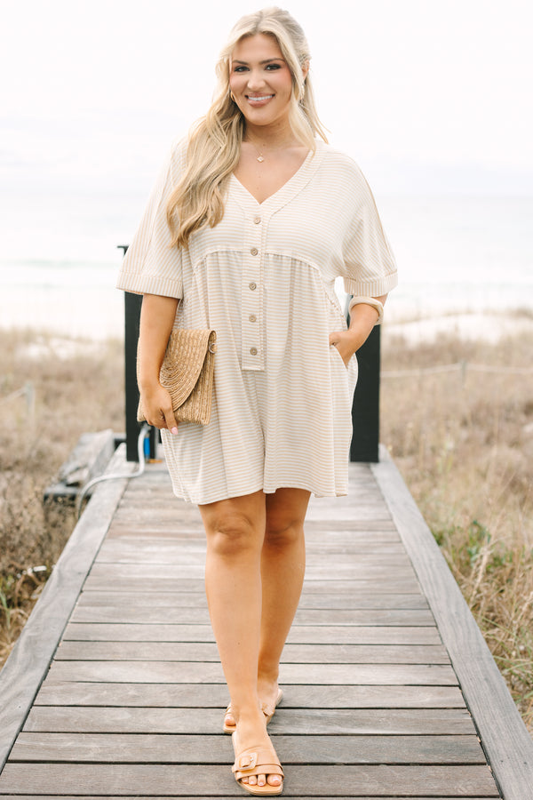 Chic Soul plus size clothing,  brown striped romper with short sleeves that have cuffs at the end of them as well as a v-neckline and buttons going down the center of the chest to the bottom of the belly 

