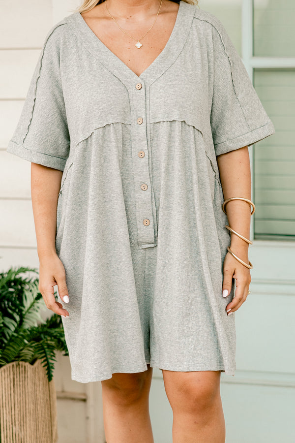 Plus Size heather grey short sleeve romper with a V-neckline and functional front buttons.