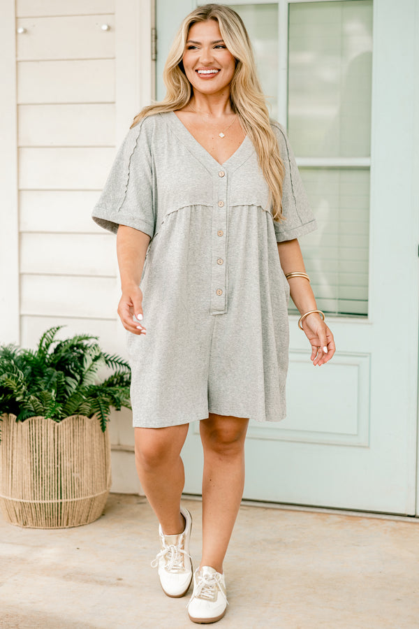 Plus Size heather grey short sleeve romper with a V-neckline and functional front buttons.