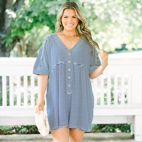 Throw On And Go Romper, Navy Stripe