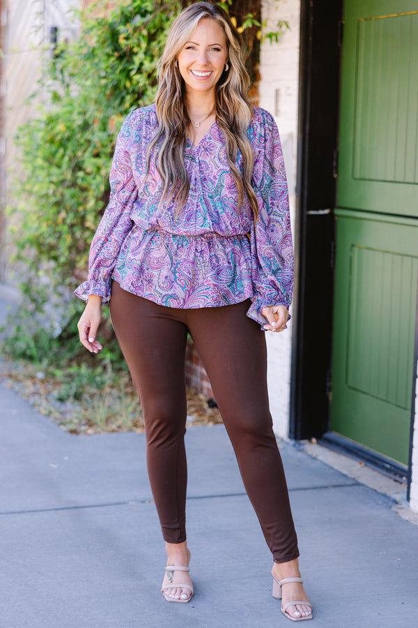 Chic Soul plus size clothing, long-sleeve purple baby doll smocked top with v-neckline and blue and purple paisley pattern with smocked detailing on wrists