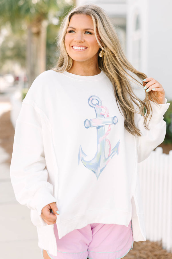 Chic Soul plus size clothing, white comfy crew sweatshirt with watercolor anchor graphic