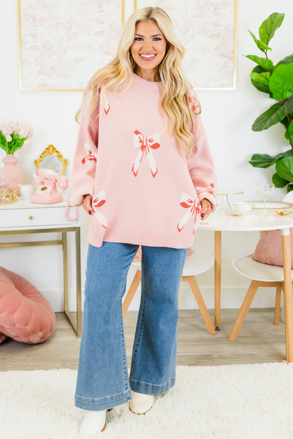 Chic Soul plus size clothing, pink knitted sweater with bow pattern and balloon sleeves