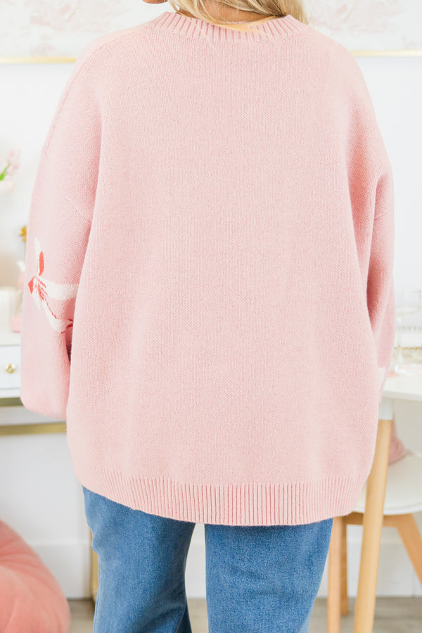 Chic Soul plus size clothing, pink knitted sweater with bow pattern and balloon sleeves