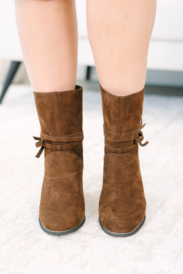Plus Size chocolate brown faux suede ankle booties with a stacked block heel and wrap-around tie.