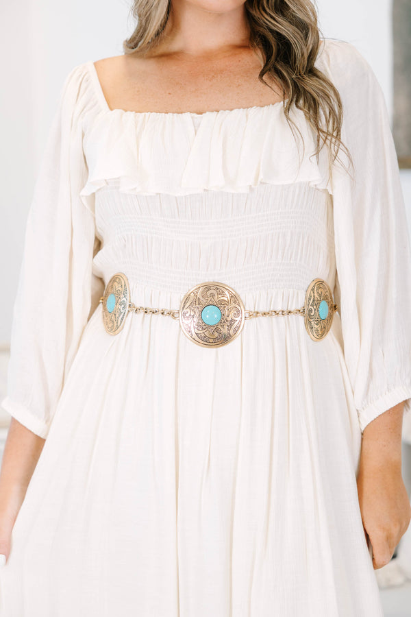 Plus size western-style chain belt with ornate silver conchos and turquoise stone centers.
