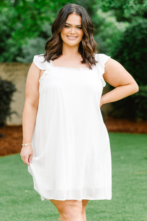 Chic Soul plus size clothing, ivory white flutter spaghetti strap dress