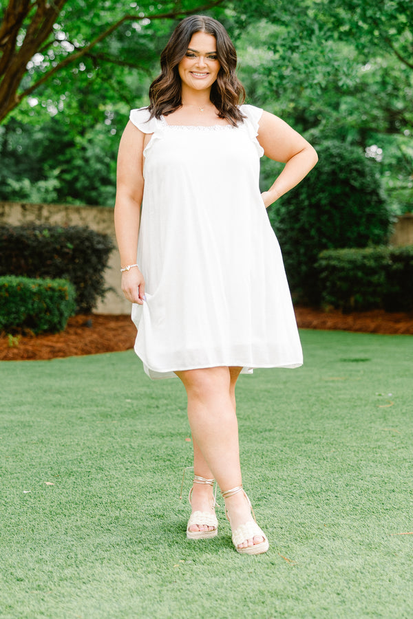 Chic Soul plus size clothing, ivory white flutter spaghetti strap dress