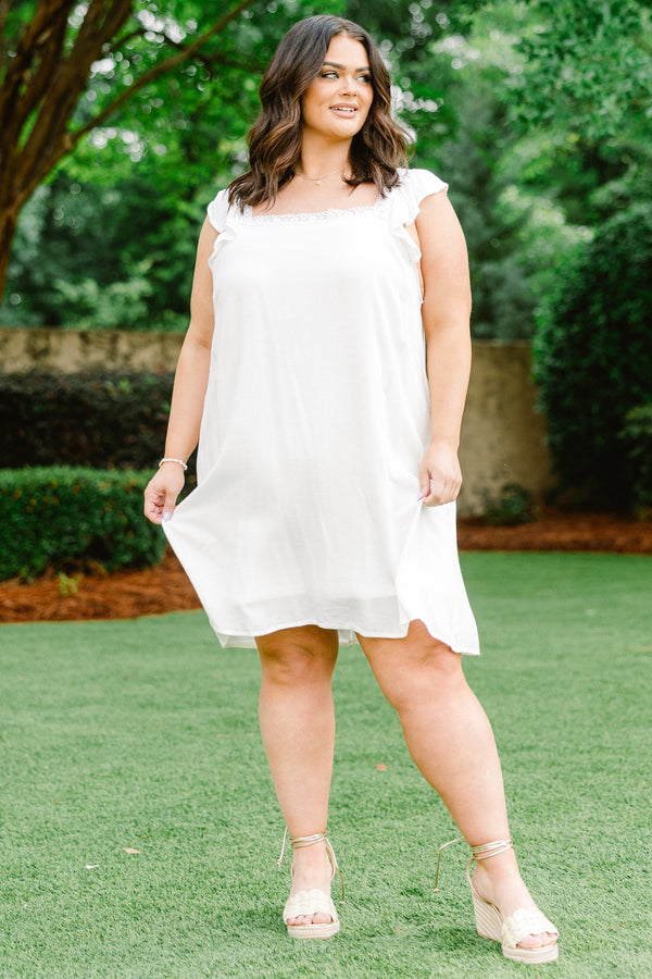 Chic Soul plus size clothing, ivory white flutter spaghetti strap dress