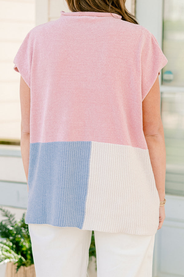 Chic Soul plus size clothing, short-sleeve pink white and blue colorblock sweater top with a mock neck 