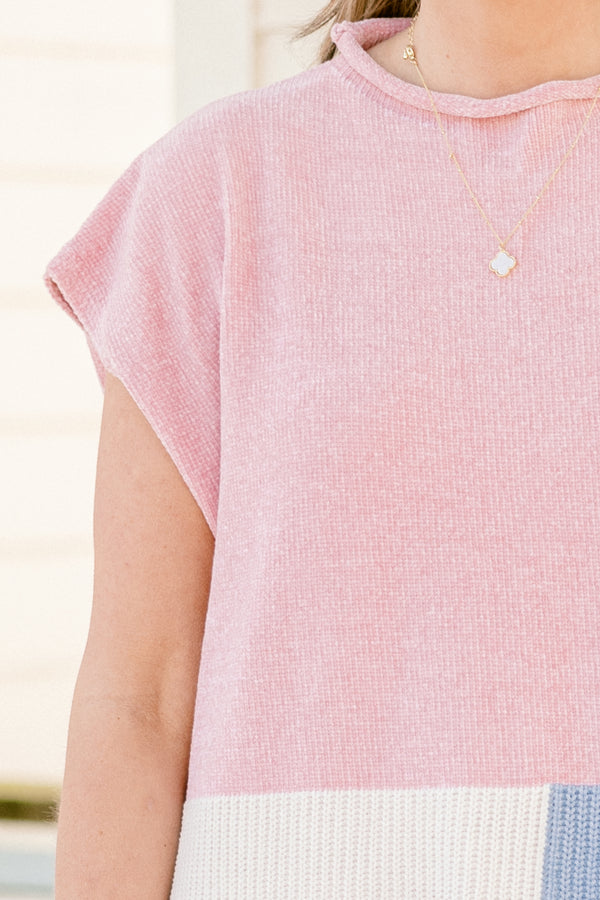 Chic Soul plus size clothing, short-sleeve pink white and blue colorblock sweater top with a mock neck 