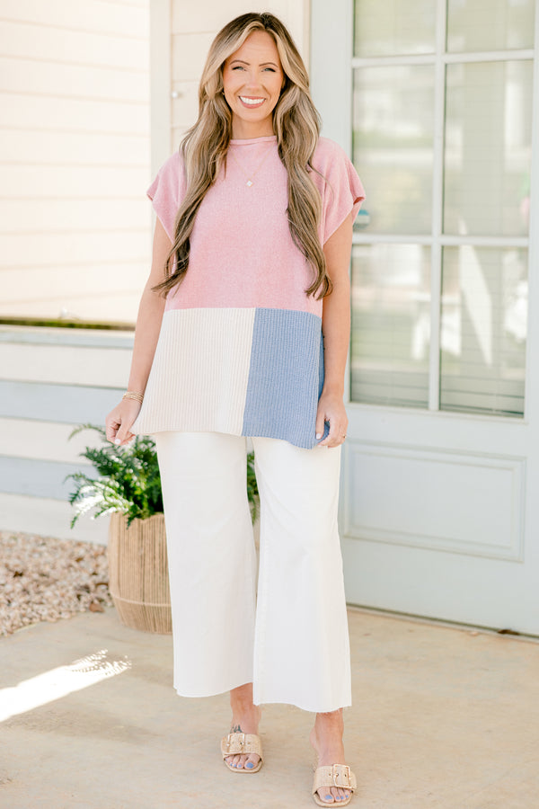 Chic Soul plus size clothing, short-sleeve pink white and blue colorblock sweater top with a mock neck 