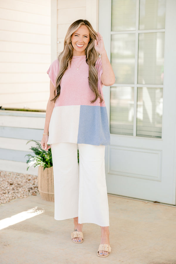 Chic Soul plus size clothing, short-sleeve pink white and blue colorblock sweater top with a mock neck 