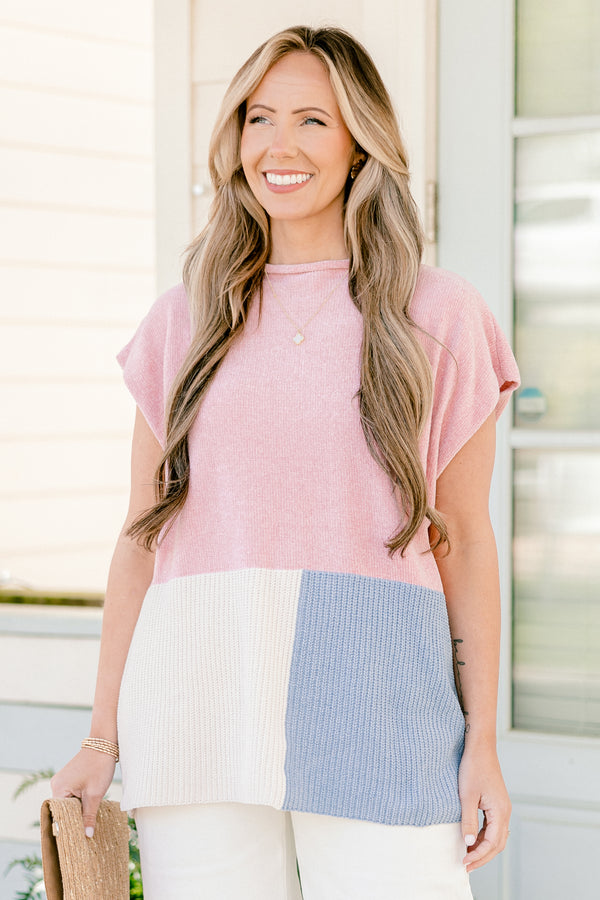 Chic Soul plus size clothing, short-sleeve pink white and blue colorblock sweater top with a mock neck 