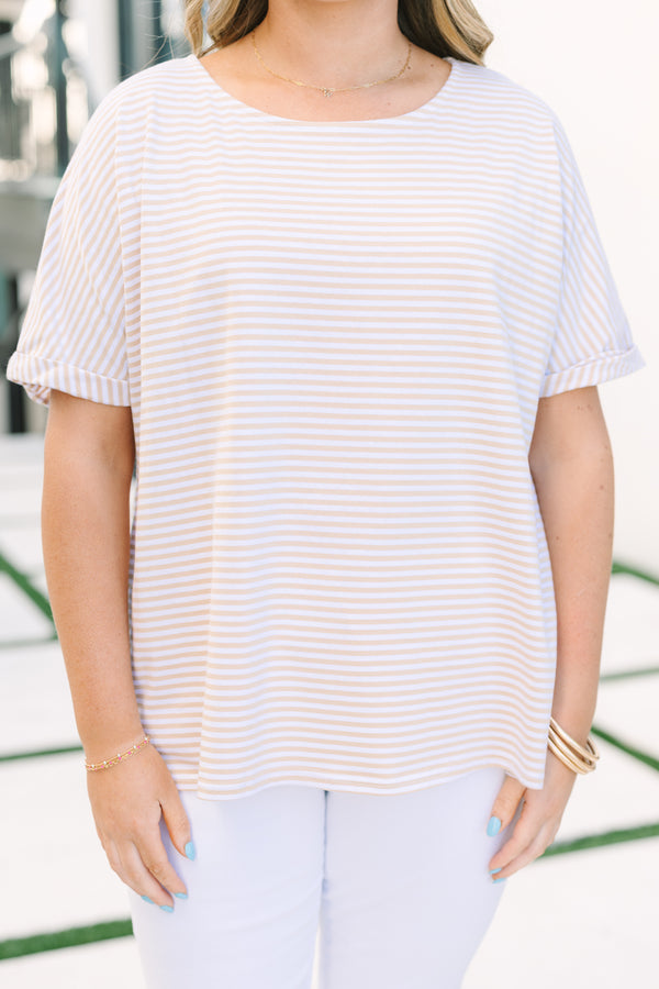 Chic Soul plus size clothing, light tan and white horizontal pin stripe short sleeve crewneck top
