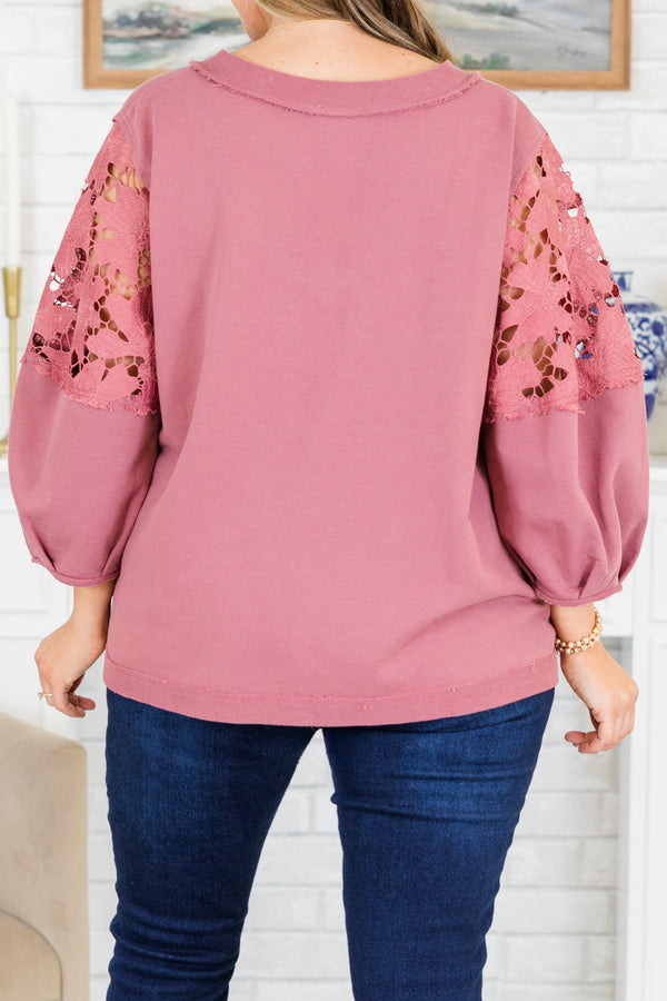 Chic Soul plus size clothing, washed mauve three quarter length sleeve sweatshirt with eyelet floral detailing on sleeves with v neckline