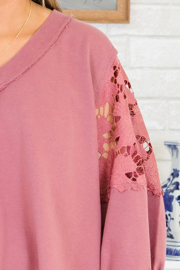 Chic Soul plus size clothing, washed mauve three quarter length sleeve sweatshirt with eyelet floral detailing on sleeves with v neckline