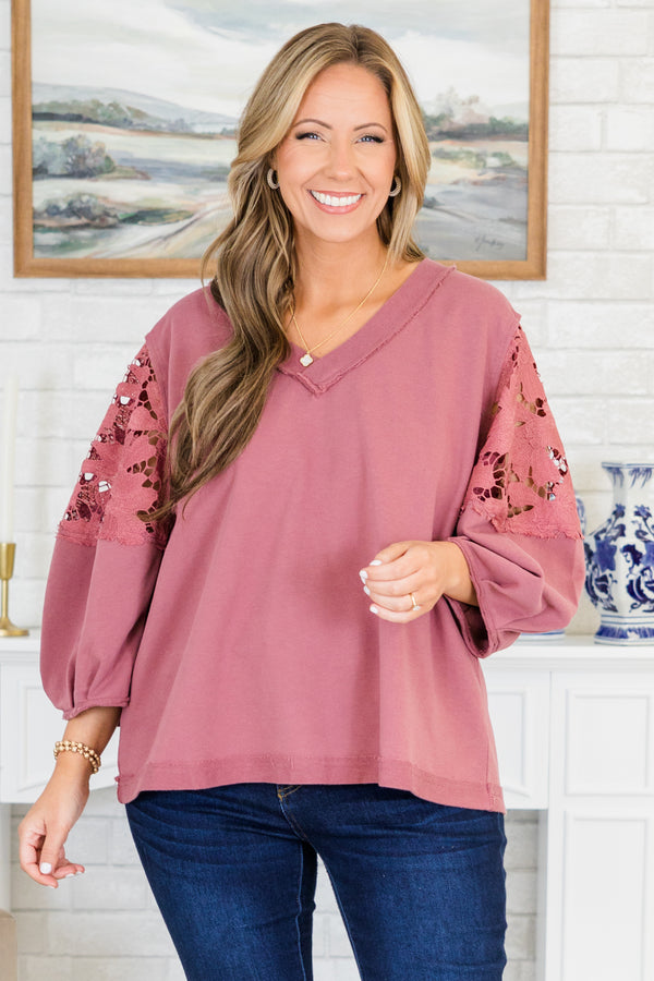 Chic Soul plus size clothing, washed mauve three quarter length sleeve sweatshirt with eyelet floral detailing on sleeves with v neckline