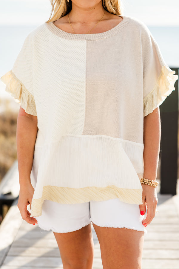 Chic Soul plus size clothing, short-flutter-sleeve knit natural tan baby doll top with a high-scoop-neckline and an ivory color block on the bodice and sleeves 