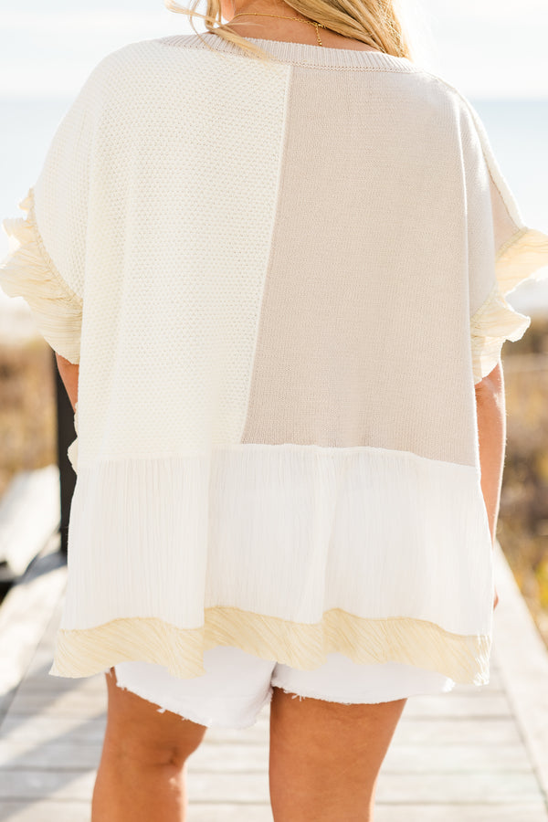 Chic Soul plus size clothing, short-flutter-sleeve knit natural tan baby doll top with a high-scoop-neckline and an ivory color block on the bodice and sleeves 