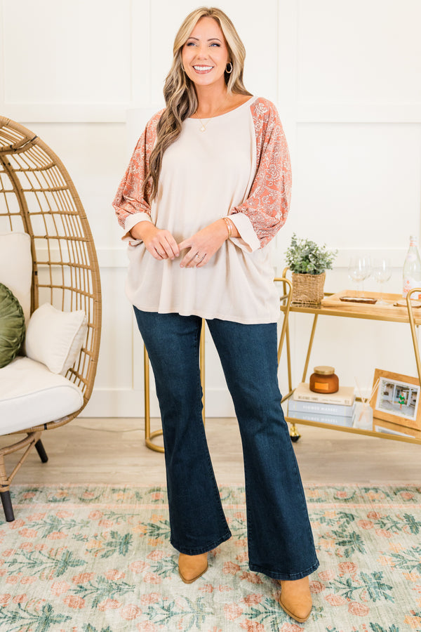 Chic Soul plus size clothing, ivory waffle knit long sleeve top with round neckline and cuff sleeves with brick paisley pattern along sleeves