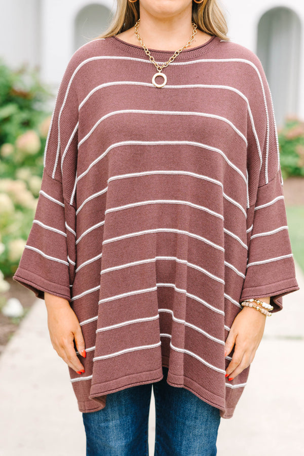 Plus Size brown striped knit sweater tunic with a relaxed fit, horizontal stripes, and crew neck.