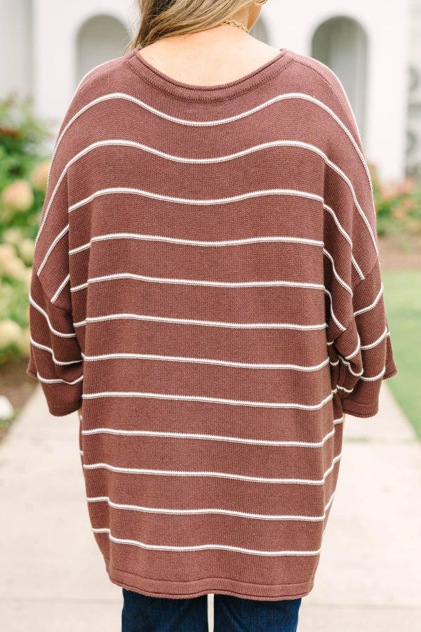 Plus Size brown striped knit sweater tunic with a relaxed fit, horizontal stripes, and crew neck.