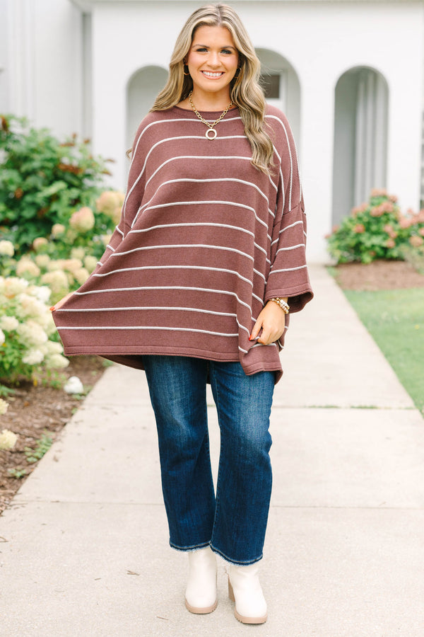 Plus Size brown striped knit sweater tunic with a relaxed fit, horizontal stripes, and crew neck.