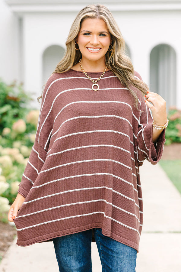 Plus Size brown striped knit sweater tunic with a relaxed fit, horizontal stripes, and crew neck.