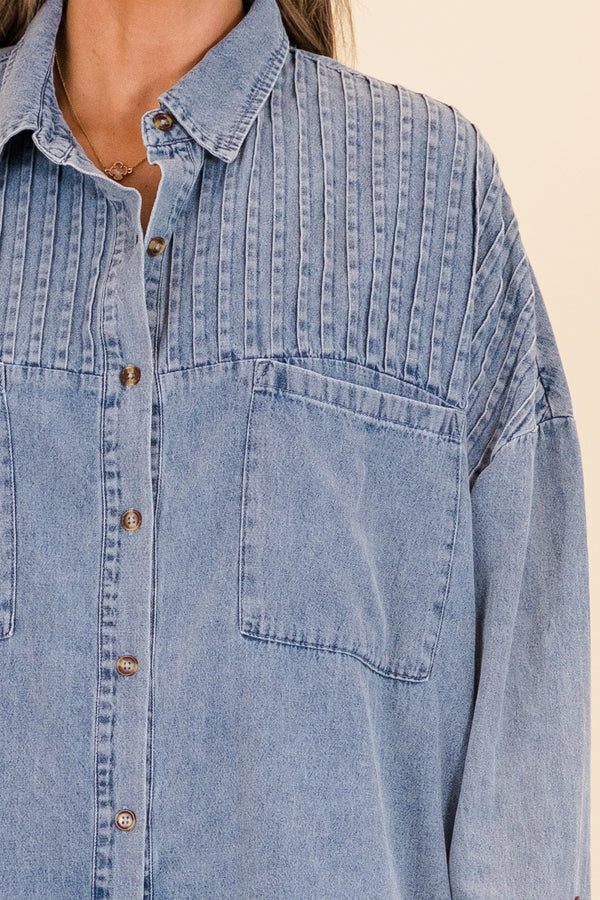 Chic Soul plus size clothing, long-sleeve light-wash denim top with collar and brown tortoise button detailing 