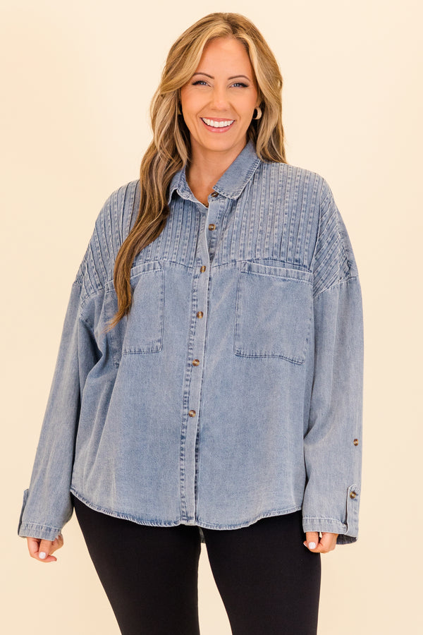 Chic Soul plus size clothing, long-sleeve light-wash denim top with collar and brown tortoise button detailing 