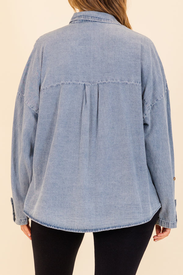 Chic Soul plus size clothing, long-sleeve light-wash denim top with collar and brown tortoise button detailing 