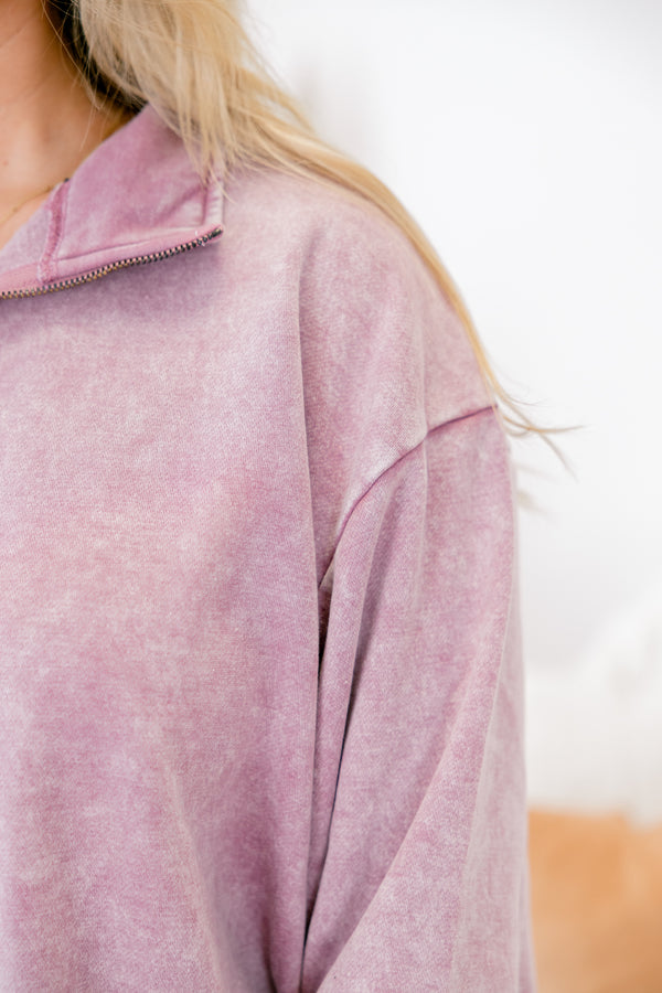 Chic Soul plus size clothing, acid wash dusty pink pullover with 1/4 zip and collar